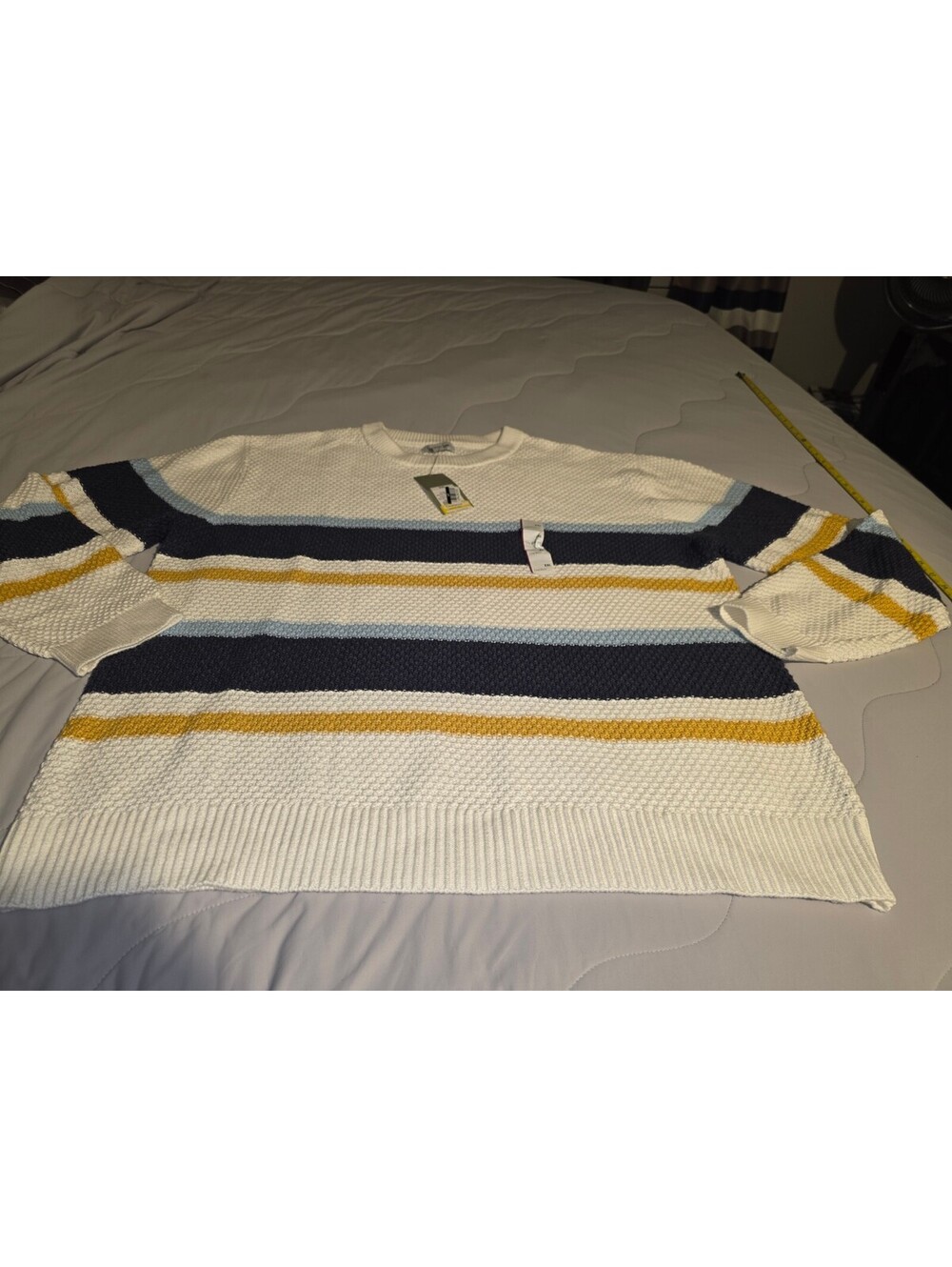 Men's Textured Crewneck Sweater - Goodfellow & Co Cream/Navy/Gold Striped 2XL